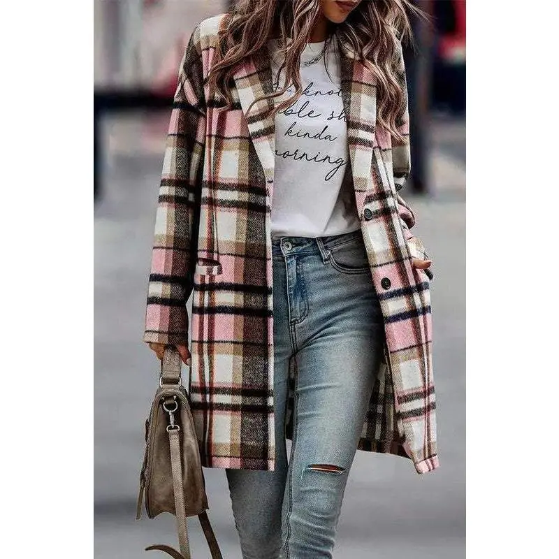 Pink Plaid Long Sleeve Flannel Coat