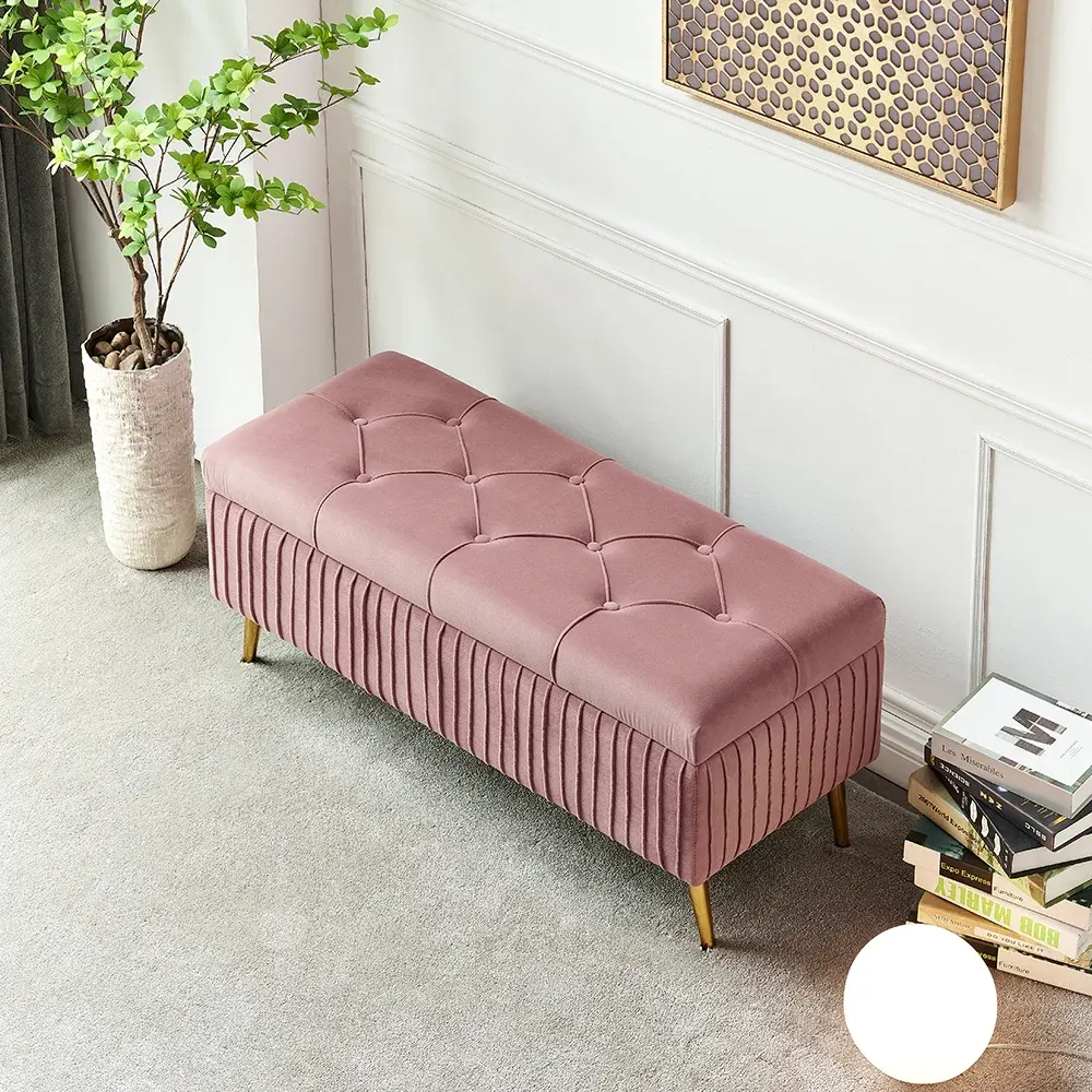 Homary Modern Blush Pink Velvet Upholstered Storage Ottoman - Foam Cushioned Stool, Gold-Legs Flip-Top, Multifunctional Hidden Storage Furniture for Living Room & Small Hallway, Upholstered Stool