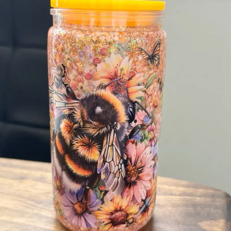 Bee Sunflower Glitter Tumbler | Bee Lover Gift | Floral Drinkware | Garden Lover Iced Coffee Cup | 16oz Acrylic Cup