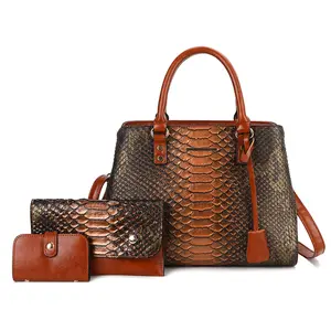 Elegant Snake Embossed Satchel Set, 3-in-1 Handbag with Matching Accessories, Stylish Brown Shoulder Purse for Office & Events