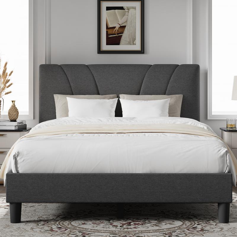 Bed Frame Upholstered Platform Full/Queen/King Bed Frame with Adjustable Headboard, Strong Weight Capacity, No Box Spring Needed, Easy Assembly, Grey Modern Unique Bedroom Furniture