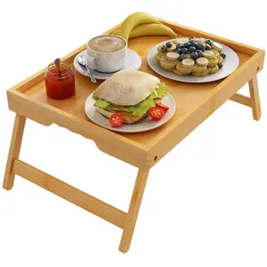 Bamboo Bed Tray Table with Folding Legs, Portable Breakfast Serving Stand for Tvs & Laptops, Ideal Snack Eating Tray