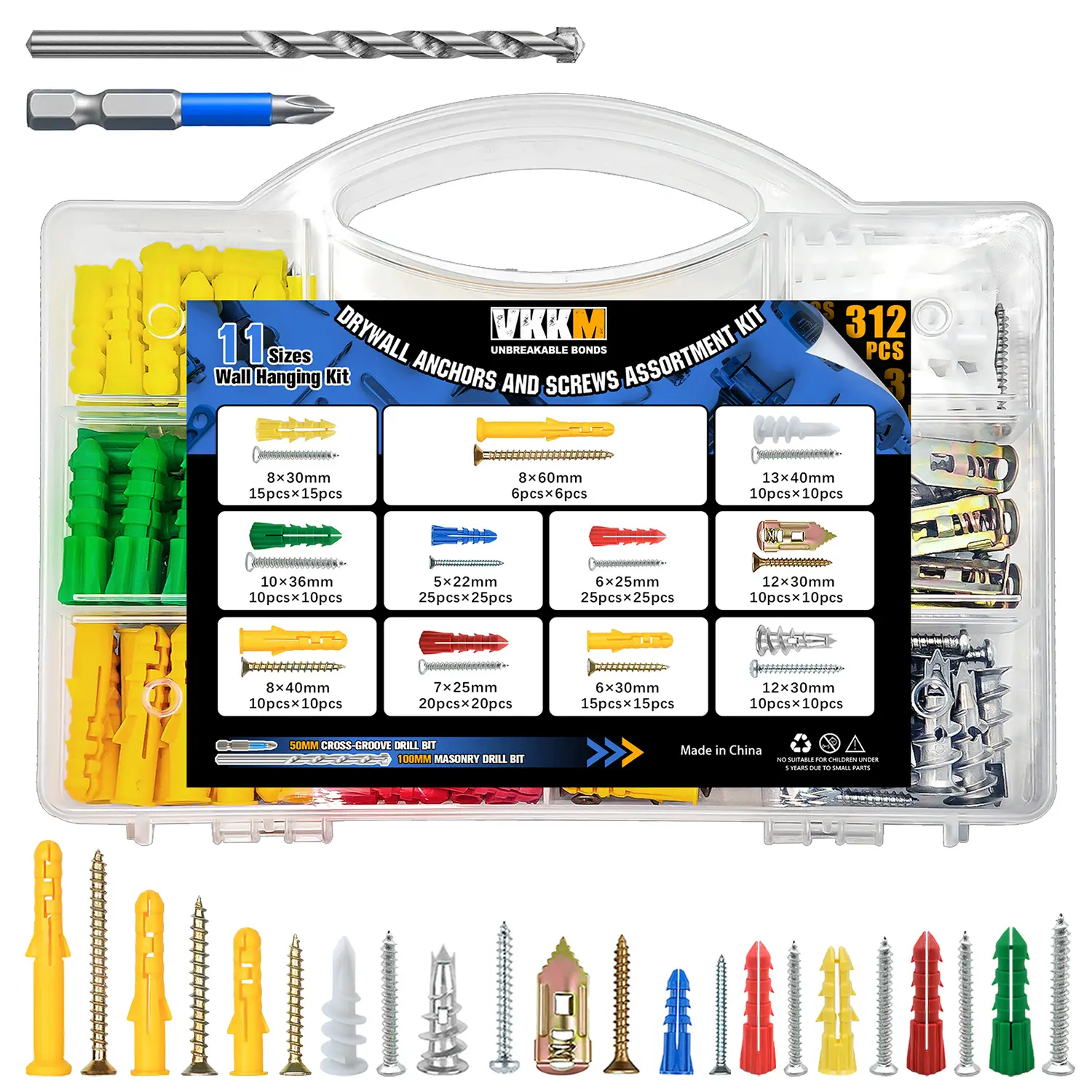 VKKM 312-Pcs Multi-Size Drywall Expansion Anchor and Screw Assortment Kit - 11-Size Plastic Plugs, Galvanized Screws, Masonry Drill Bit, Phillips Driver Bit for DIY Users' Drywall/Wood/Concrete Mounting Tasks