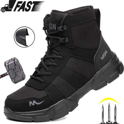 Men's Steel Toe Work Safety Shoes - Closed, Athletic, Breathable, Minimalist Design, Fabric Upper with Mesh, Kevlar Puncture-Proof Sole, Stab-Proof Midsole, Anti-Slip Laces, Above the Ankle But Below the Knee, All-Seasons Construction Footwear