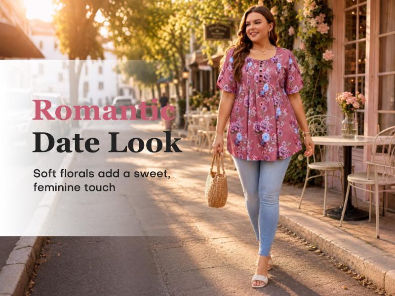 [1X-5X]Auciccoo Plus Size Tunic for Women Summer Tulip Short Sleeve Tunic Tops Scoop Neck Floral Printed Casual Soft Blouses Top Shirts Womenswear