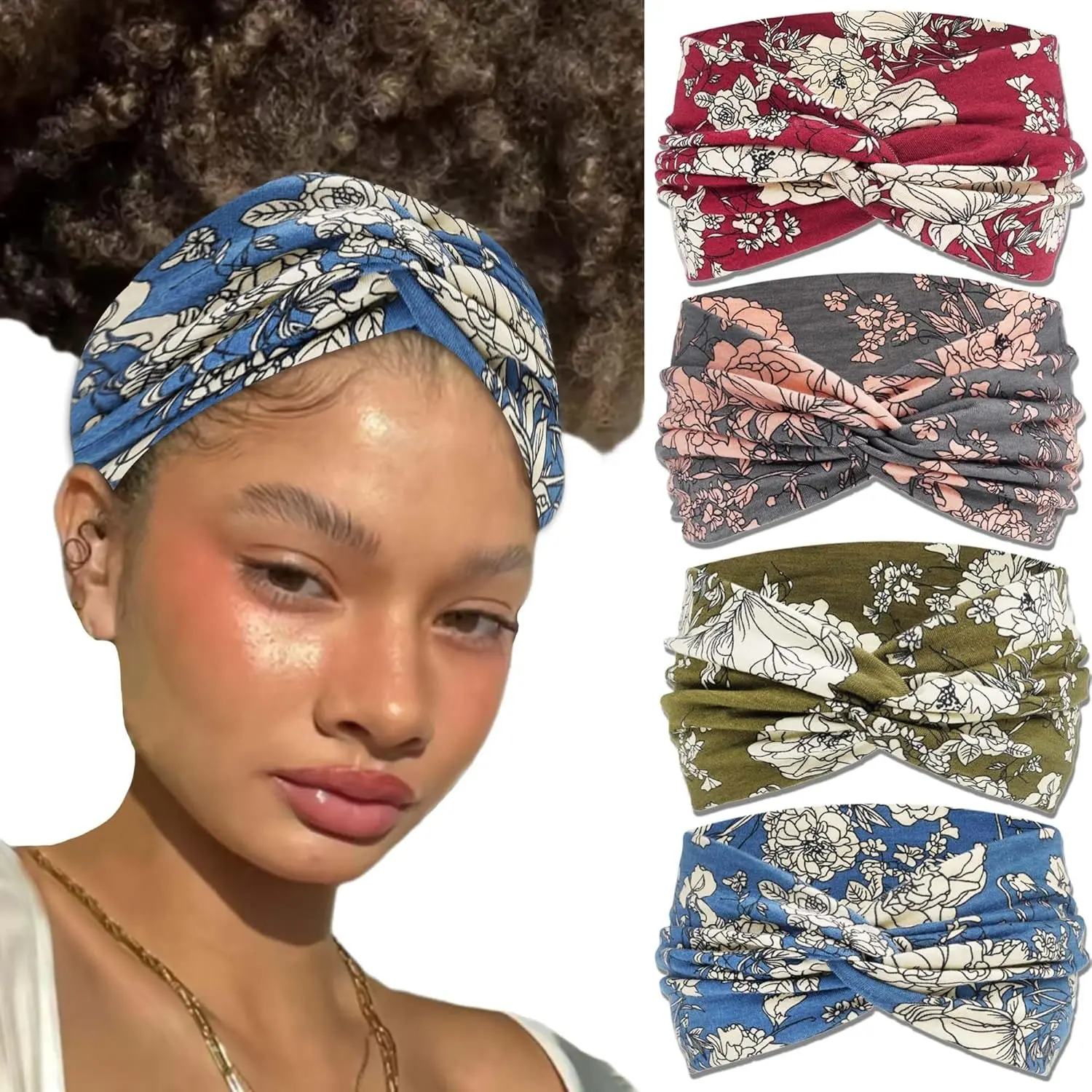 Boho Headbands For Women Wide Floral Hairbands Crisscross Stretchy Headwraps Fashion African Hair Turban Band for Girls Ladies NonSlip Workout Yoga Daily Life 4 Pack