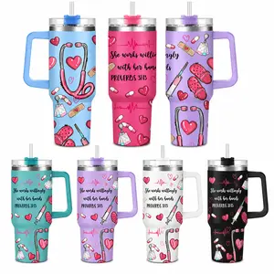 Nurse Pattern 40oz Tumbler with Lid, 1 Count Stainless Steel Water Bottle, Drinking Cup for Home Office School, Gift for Nurse, Birthday Gift, Drinkware