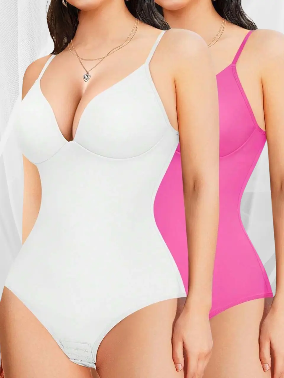 2-Pack Women's Deep Plunge Bodysuits – Tummy Control Shapewear With Built-In Bra Support