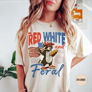 Red White and Feral Raccoon T-Shirt, Fourth of July Shirt, Funny Patriotic America Tee, Fireworks Flag Hotdog Graphic, Independence Day Gift Casual Daily Wear Tee For Men & Women, Apparel Made In The USA