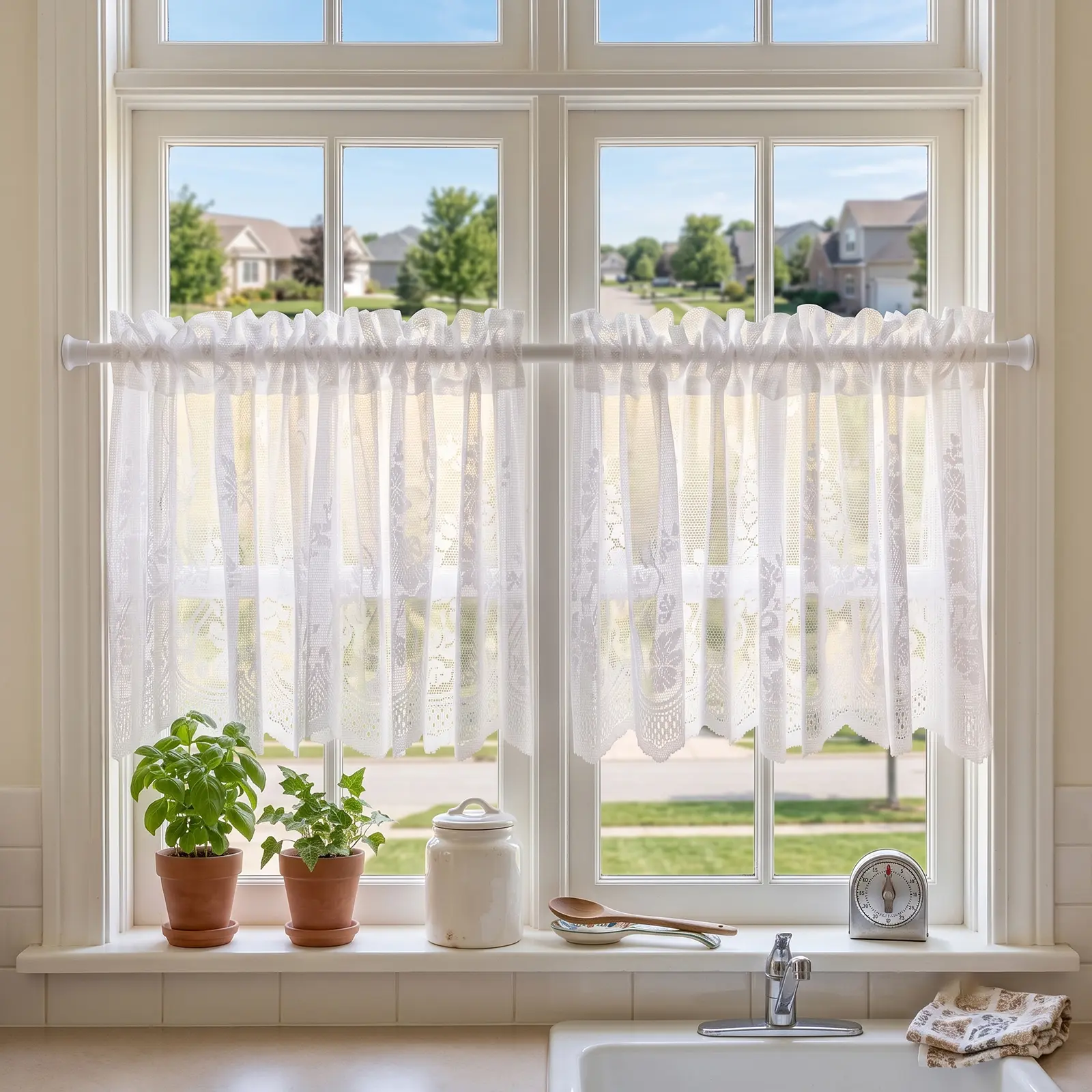 2 Panels Lace Kitchen Curtains, Floral Lace Cafe Curtains Vintage Tier Curtains Semi Sheer Short Half Window Curtains Over Sink For Bathroom Basement Cabinet, 24/36 Inches Length