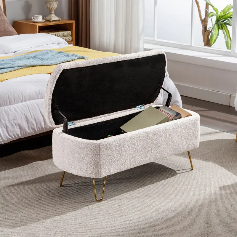 [Bellemave]ICamel Storage Ottoman Bench for End of Bed Gold Legs, Modern Camel Faux Fur Entryway Bench Upholstered Padded with Storage for Living Room Bedroom