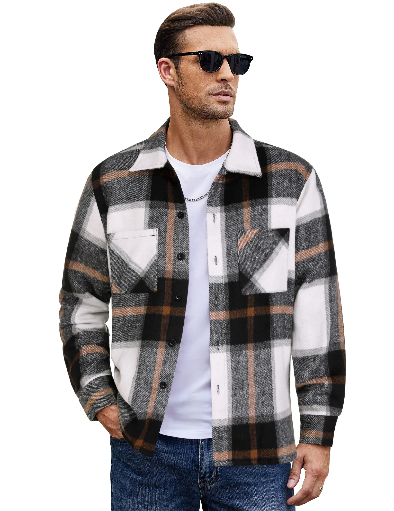 COOFANDY Men's Classic Flannel Plaid Denim Shacket, Menswear Long-Sleeve Casual Button-Down Outerwear Tops with Pockets, Fleece-Lined Jacket, Fabric, Polyester, Traditional, Checked, Longsleeves, Outfits, Stylish, Husbands, Two Chest Pockets