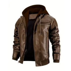 Men's Casual 2 In 1 PU Leather Jacket, Chic Bomber Jacket Motorcycle Jacket With Zipper Pocket Collar Hoodie Menswear