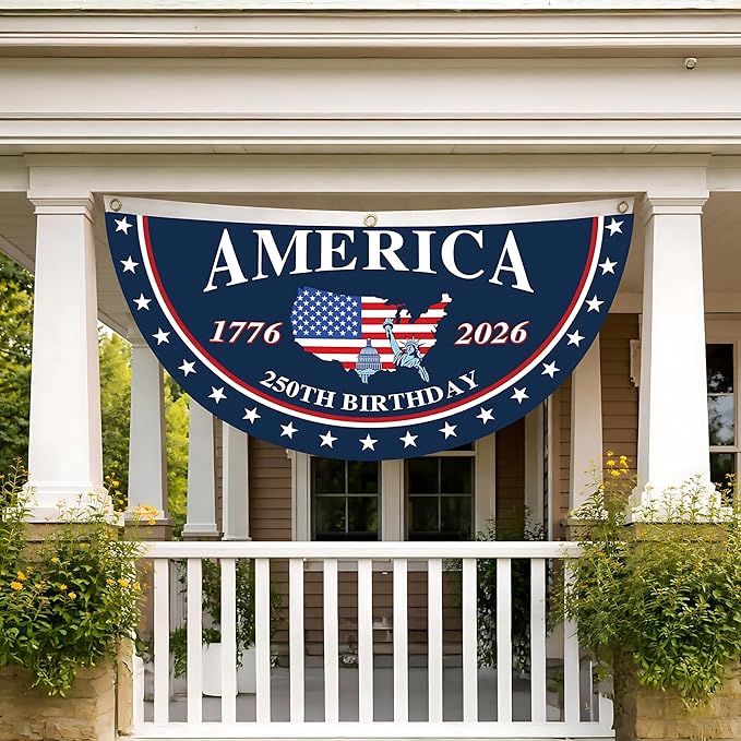 America 250th Birthday Semicircular Flag Banner 1776–2026 Patriotic Bunting, USA Independence Day Porch Decor Flag, Fourth Of July Patriotic Half Fan Flag Decoration For Porch Fence Yard America 250th Birthday Semicircular Flag Banner 1776–2026 Patriotic Bunting, USA Independence Day Porch Decor Flag, Fourth Of July Patriotic Half Fan Flag Decoration For Porch Fence Yard