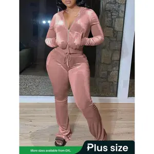 Plus Size Two-Piece Velvet Set with Hooded Jacket and Pants for Everyday Wear, Women’s Two-Piece Outfit for Autumn and Winter