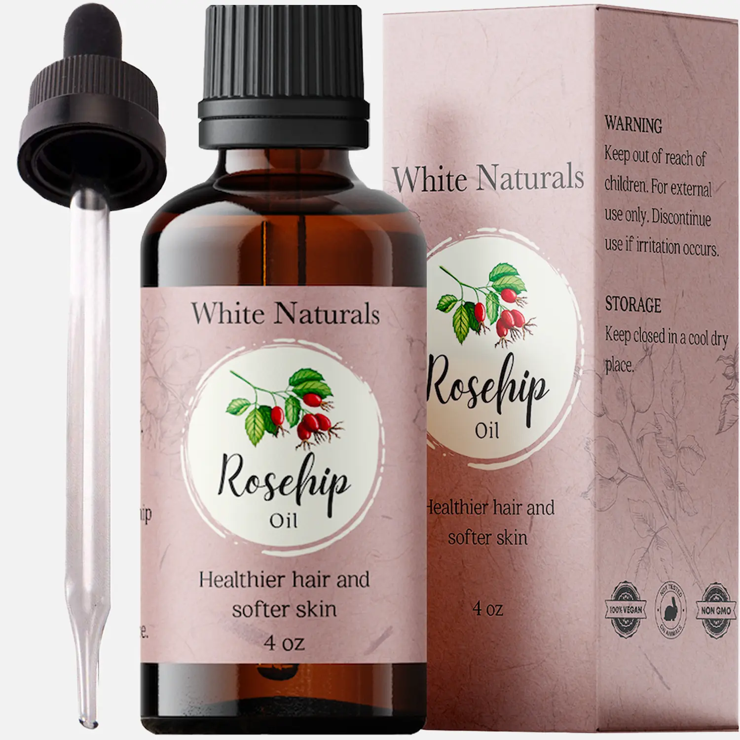 Organic Rosehip Seed Oil Cold Pressed, Unrefined 100% Pure Rose Hip Carrier Oil, Natural Moisturizer For Body Face Hair Massage & Nails, Facial Serum Anti-Aging Treatment by White Naturals 4 oz Perfect for Daily Hydrating Dry Skin Pure Skincare Vitamins