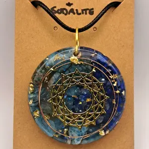 Sodalite Orgonite Pendant Necklace with Natural Healing Stones and Gold Accents for Energy Healing