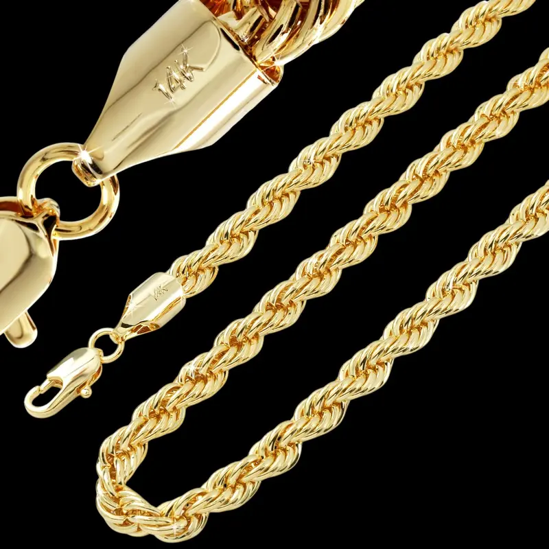 MaxBling81 14K Stamped Premium Quality High-End Gold Plated Brass Rope Chain 3mm ~ 10mm Necklace Jewelry Accessory Unisex Men Women
