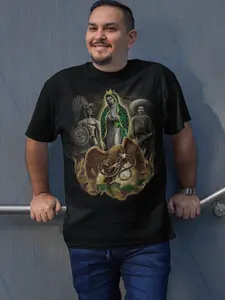 Guadalupe Virgin Aztec Cultural Shirt Men, Mexican Pride Print, Casual Fitted Short Sleeve, All Seasons Wear, Cartoon Pattern