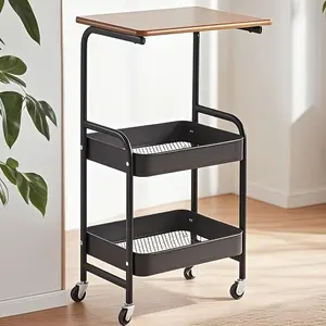 Sturdy 3-Tier Rolling Side Table with Lockable Wheels, Waterproof Wood Top Mobile End Table, Large Capacity Multifunctional Printer Stand Snack Storage Cart for Living Room Office Kitchen Bedroom