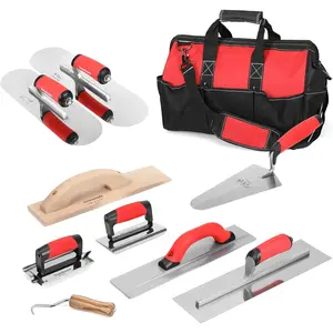 8 count Masonry Hand Tool Set & 2 count Stainless Steel Trowel Set - Includes Finishing Trowel, Gauging Trowel, Groover, Edger, Extruded Magnesium Float,  Float, Wire Twister, Tool Bag