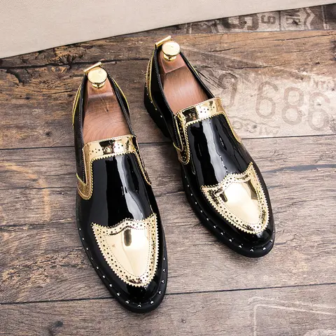 Men's Classic Leather Formal Business Shoes - Chic, Elegant Pointed-Toe, Lightweight Slip-On Office Footwear with Luxurious Black-Gold Patchwork Accents
