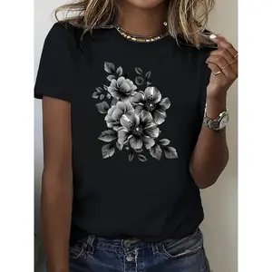 [Floral T-shirt] Floral Print Crew Neck T-shirt |   Casual Short Sleeve Top For Spring & Summer |   Women's Clothing