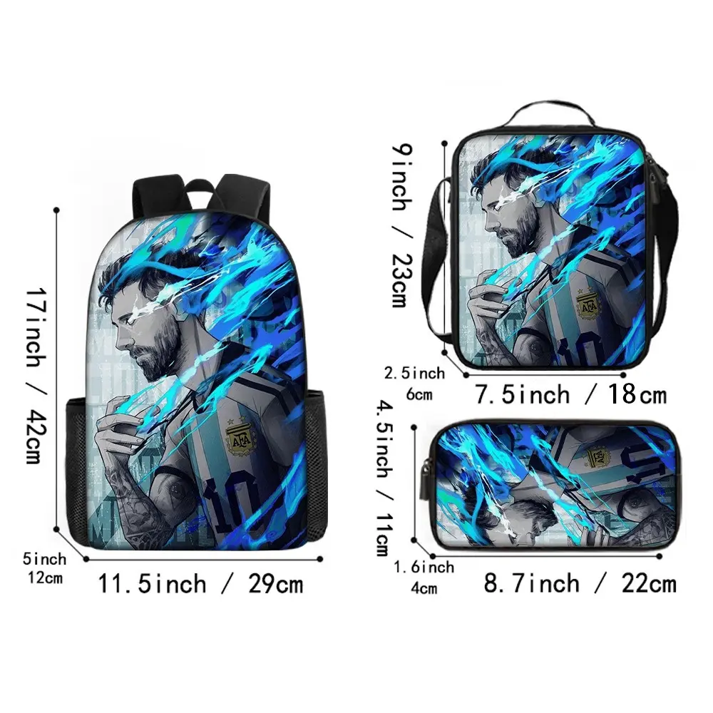 3Pcs Neon Fire Number 10 Messi Backpack Set, Football Star Boys School Backpack with Lunch Bag & Pencil Case