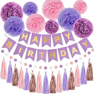 Birthday Party Decorations Set With Happy Birthday Banner, Tissue Paper Pompoms, Tassel Garland, and Circle Dots Garland for Women Girls