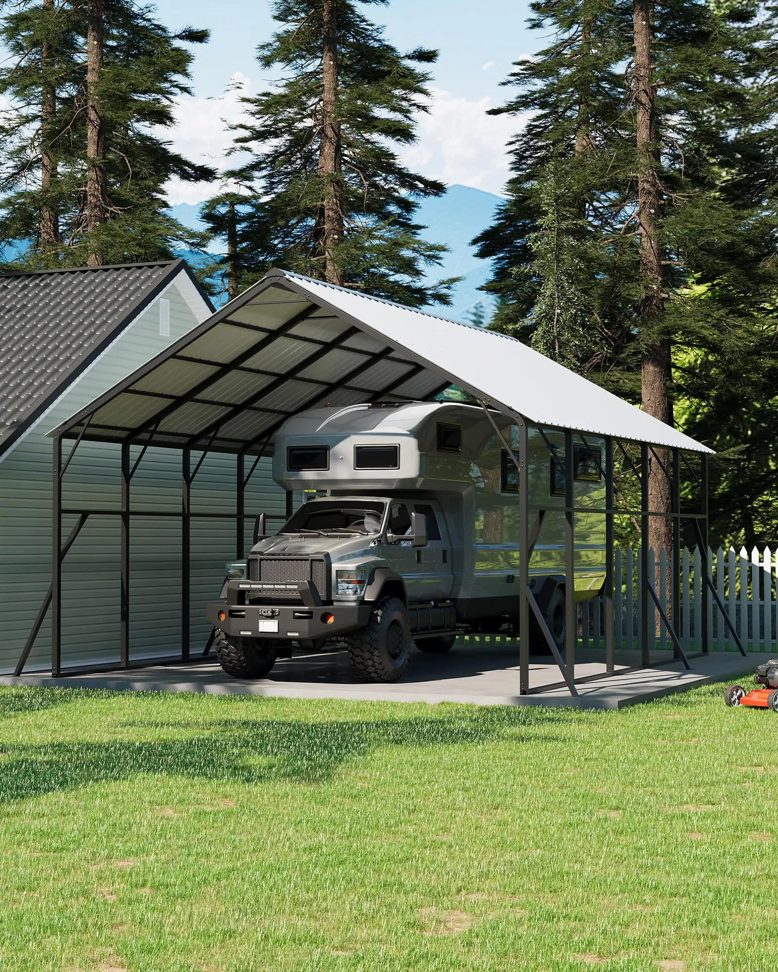 Gaomon 20x25 ft Vertical Roof Metal Car Shelter, All-Weather Steel Frame Canopy, 120° Steep-Pitch Roof, Gravity-Assisted Drainage, 173in High-Clearance Dual-Vehicle RV/Tractor Cover, Outdoor Workspace, Prevents Ice Damming