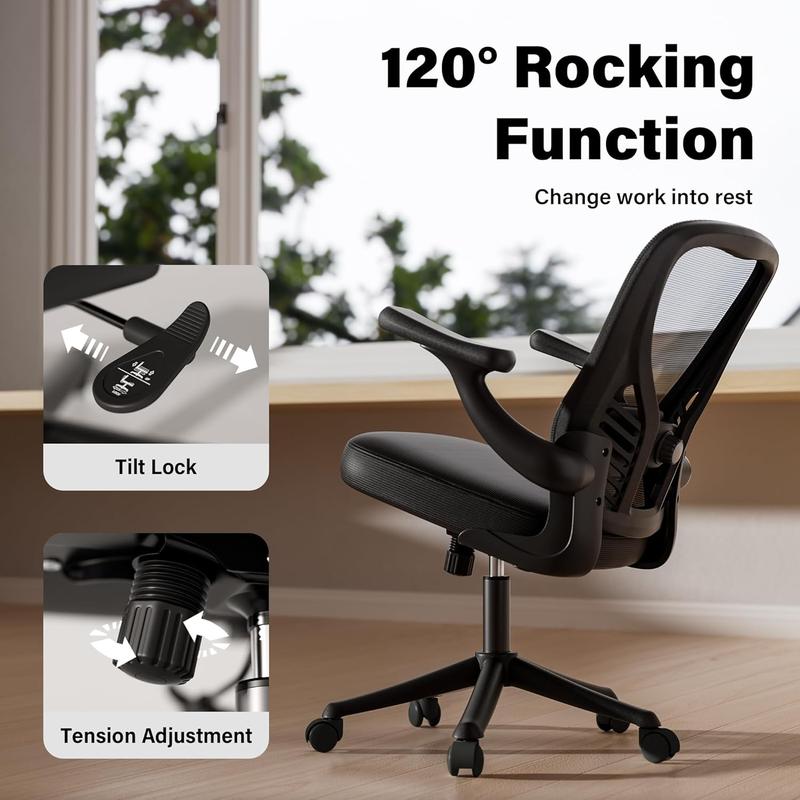 Ergonomic Office Chair, Mesh Desk Chair with AdjustableLumbar Support and 3D Flip-up Arms, Computer Chairwith Wheels, Black, Computer Desk Chair, ErgonomicOffice Desk Chairs with Mesh Back, Adjustable LumbarSupport, Rocking Function