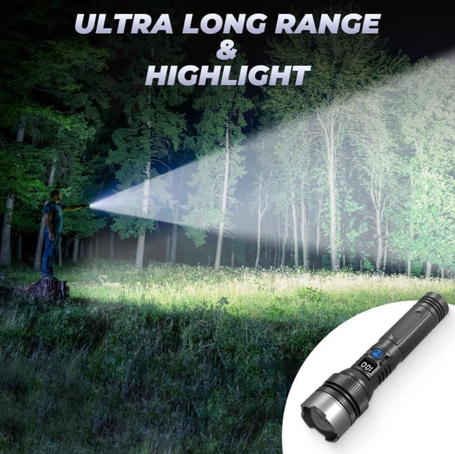Rechargeable Super Bright LED Flashlight with Digital Display Adjustable Zoom Type-C Charging IP65 Durable Camping Emergency Light for Outdoor Activities