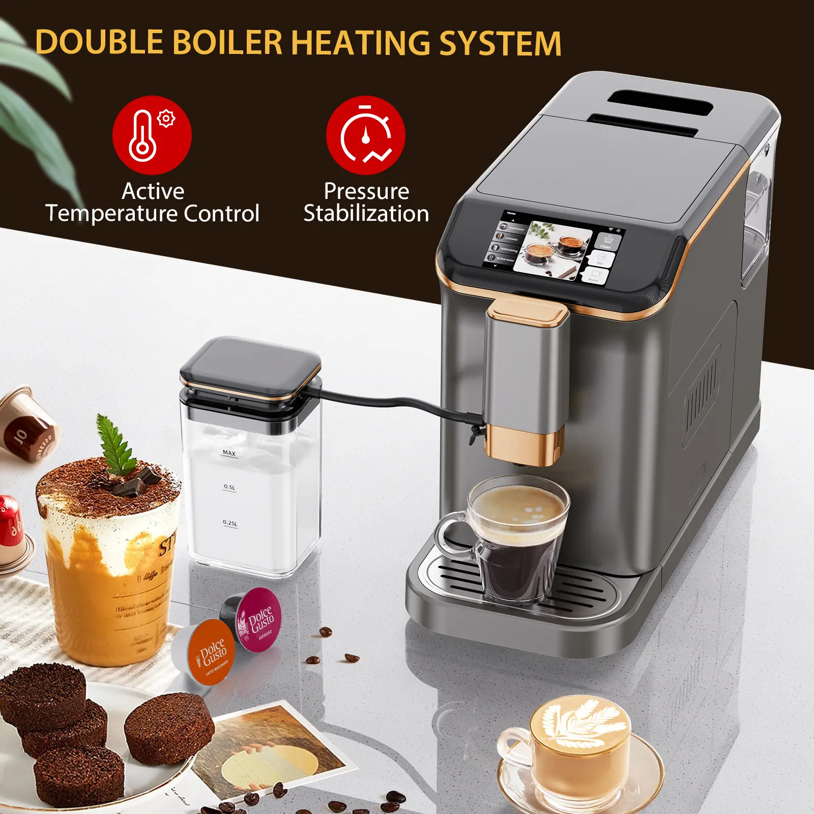 OUTGOODS Fully Automatic Espresso Machine - 20-Bar Pump, Double Boiler, Integrated Milk Frother, LCD Touch Control, 1350W Fast Brewing, Compact Ceramic Gold Gray, Modern Aesthetics, Small Footprint, Descaling Function for Daily Cappuccino, Latte, Espresso