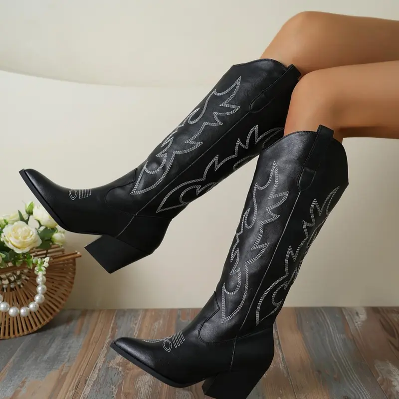 Women's Fashion Embroidering Design Black Cowboy Boots, Pointed Toe High Heel Boots for Party, Daily Clothing Decor for Women, Black Heeled Boots, Winter Boots, Valentine's Day, Gift for Her