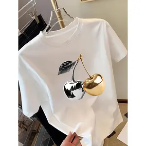 Stylish Golden Cherry Printed Short Sleeve TShirt for Women Featuring Elegant Casual Design and Comfortable Soft Fabric Suitable for Spring and Summer