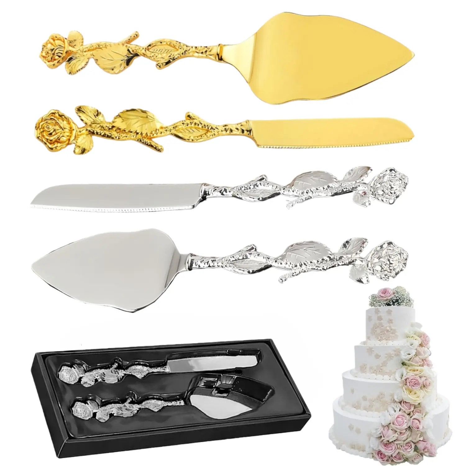 2 Sets Gold & Silver Cake Cutting Kit With 2 Cake Knife And 2 Server, High Quality Cake Serving Set For Wedding Cake Pastry Pie Server Pizza Cutter, Birthday Christmas Thanksgiving Anniversary Gifts