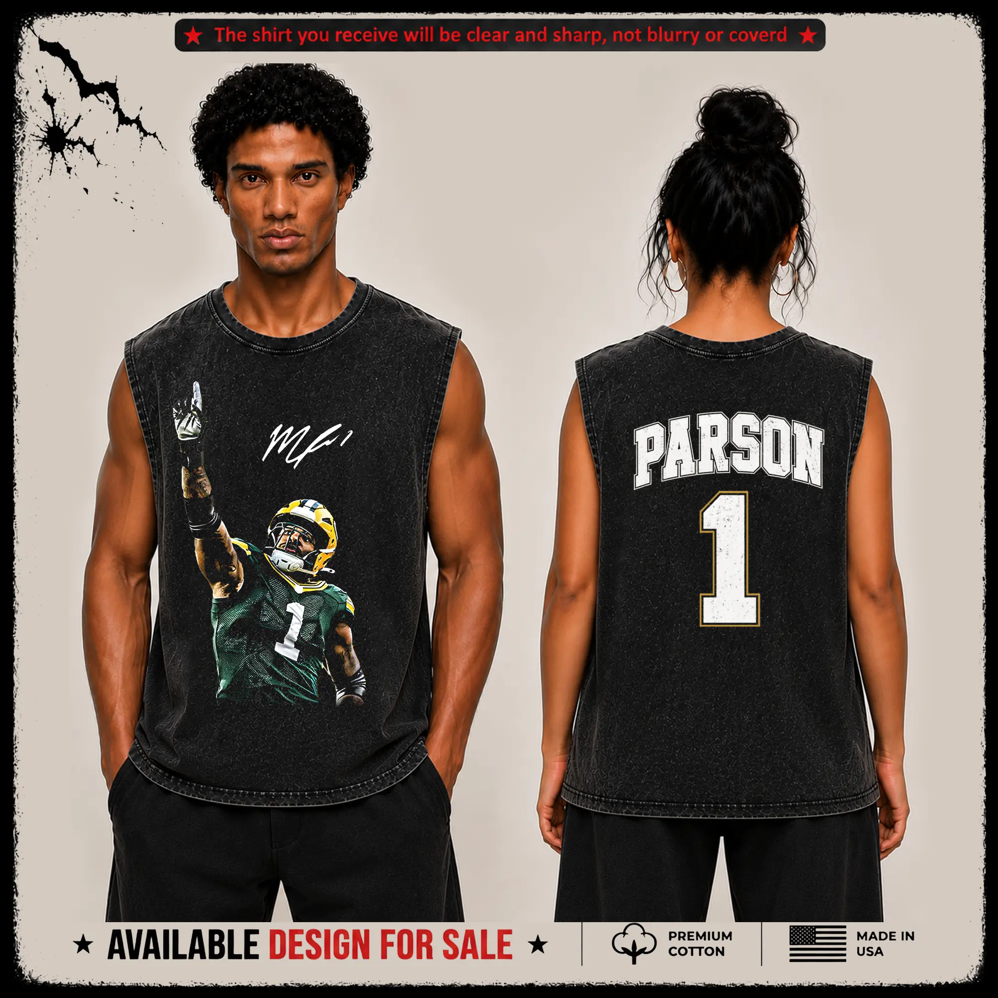 [X-26] Micah Parson 1 Aura Graphic Premium Acid Washed Tank-Top (Made in US), Packers Football Fans Fits High Quality 100% Cotton Sleeveless Shirt, Packers Nation, Cheeseheads Outfit, Gift for Football Fans, Boyfriend