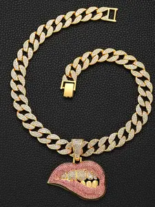 Iced Out Lip Cuban Link Chain | Pink Diamond Bite Lip Pendant | Hip Hop Streetwear Jewelry