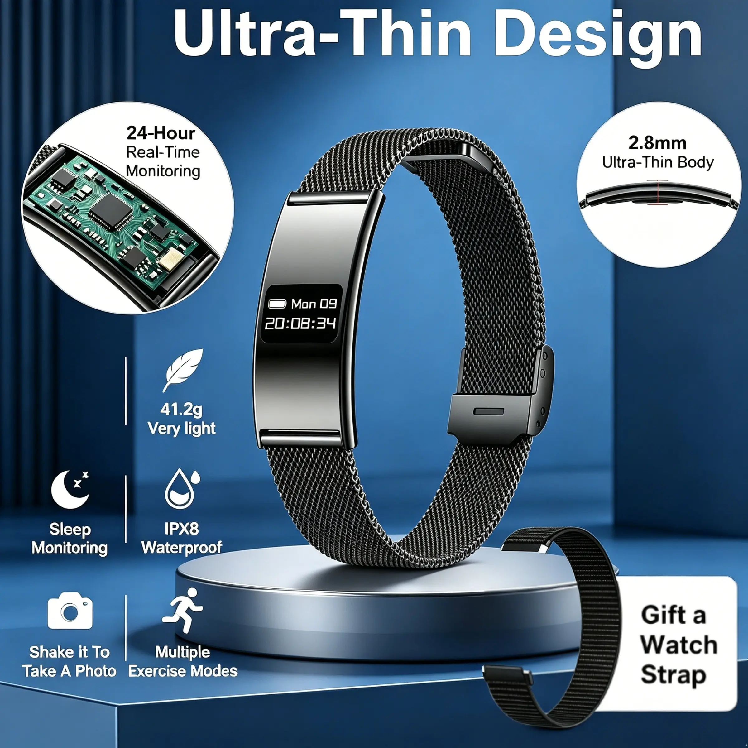 2026 new fashionable sports smart bracelet, 2.8mm ultra-thin curved design, lightweight, comfortable to wear, supports call notifications, sleep monitoring, 170+sports modes, step count function, fitness tracker watch, IPX8 waterproof, ideal gift