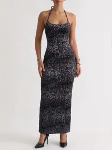 Women's Leopard Print Halter Neck Bodycon Maxi Dress, Sleeveless Backless Party Dress | #LeopardDress #HalterMaxi #BodyconDress