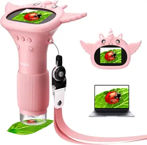 Portable Handheld Kids Microscope Miniscope, Pocket Mini Scope Educational Science Kit, PC View, Pink, Ideal for Kids' Birthday Easter Gifts
