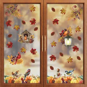 ZAWE 9 Sheets Fall Window Clings  Birds Pumpkins Maple Leaves  Acorns Double-Sided Window  Stickers for Autumn Thanksgiving Party  Classroom Office Decorations