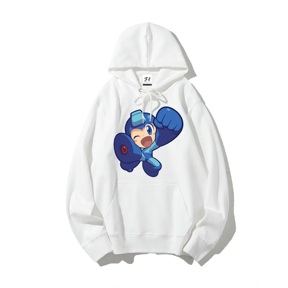 Mega Man Retro Graphic Hoodie Sweatshirt, Men's Heavyweight Long-Sleeve Fleece Crewneck, Casual Anime Gaming Merch Streetwear Top, Print