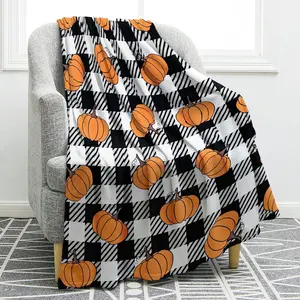 Pumpkin Buffalo Plaid Soft Flannel Throw Blanket, Fall Harvest Gifts for Women Kids, Thanksgiving Halloween Black White Check Decor, Warm Cozy for Home Bedroom
