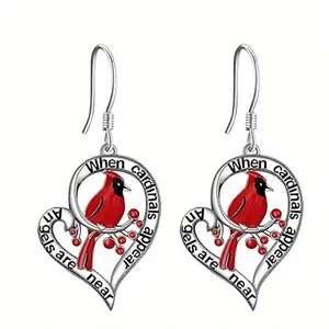 2025 Classic Trend 1 Pair Heart-Shaped Hollow Red Cardinal Pendant Men's Earrings, Christmas Party Commemorative Accessories Gift Jewelry