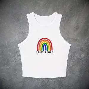 Love Is Love Rainbow Micro Rib Racer Tank Top- Lgbtq Pride Month Y2k Subtle Queer Transgender Rights Equality Unisex Crop Top Gift For Her