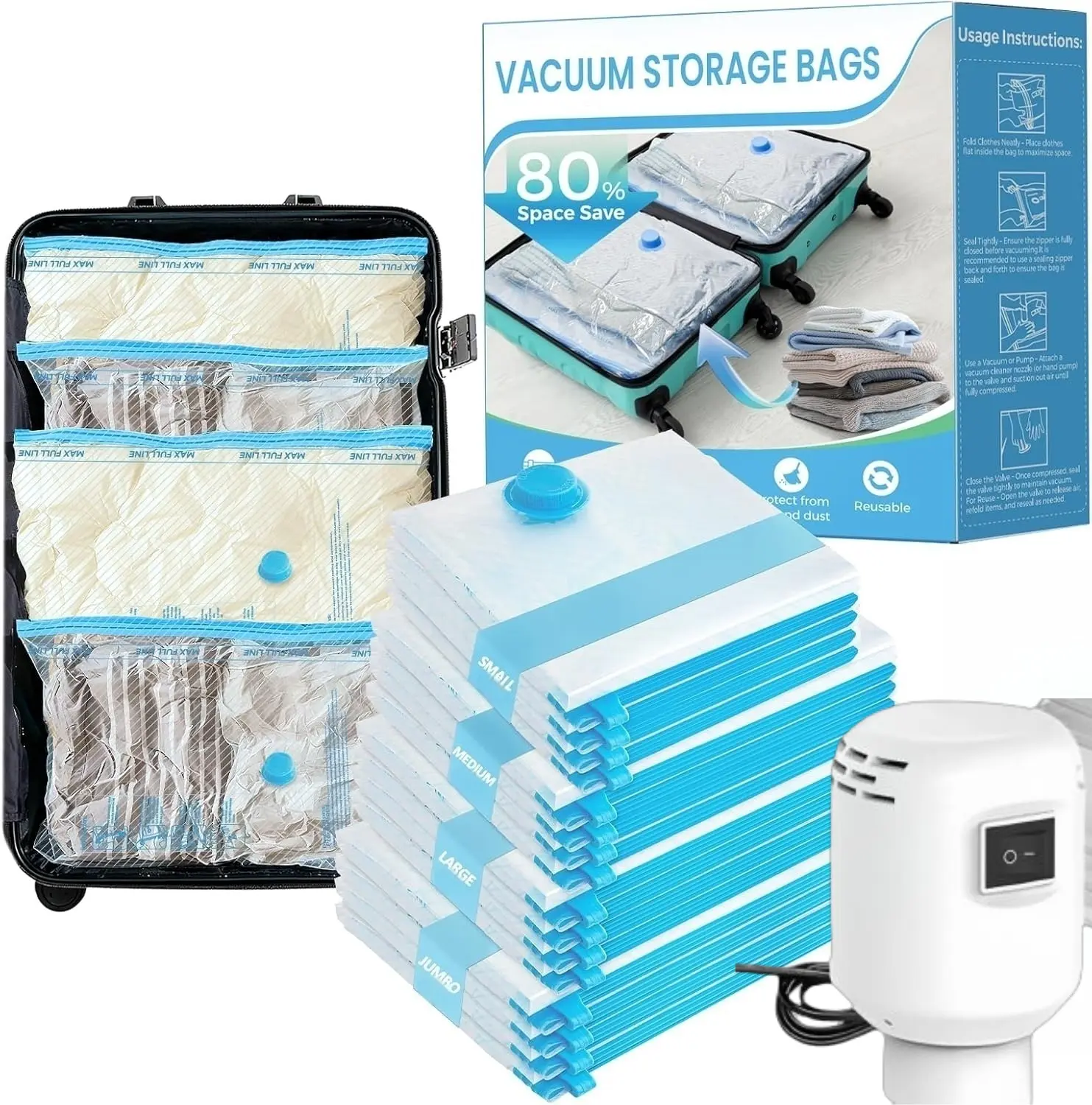 Vacuum Bags for Travel with Rechargeable air Pump, 15 Pack Carry-on Size Compression Packing Bags for Luggage and Suitcase, Space Saver for Clothes and Clothing Travel 15 PACK+PUMP