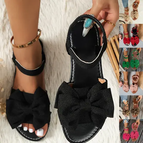 Women's Cute Bowknot Design Flat Sandals, Flats Sandals, Ankle Flat Sandals, Classic Sandals, Casual Versatile Flat Sandals for Summer Beach Vacation, All-match Sandals for Daily Life Footwear, Summer Footwear, Textile Material #GLOBAL PICKS
