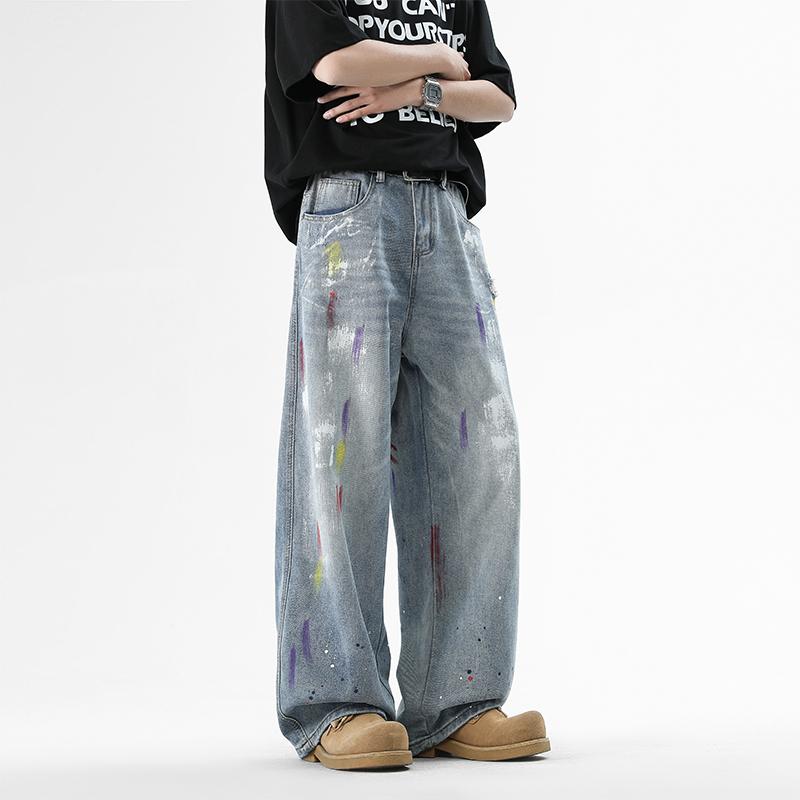 High Street New Trendy Brand Ripped Printed Jeans, Men's Washed Vintage High Street Long Pants for Spring and Fall, Loose Casual Versatile Straight Leg Pants, Niche Design Graffiti Splash Straight Mid-Rise Jeans, Wide Leg Trousers, Men's Jeans, Men's Bott