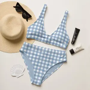 Soft Blue Gingham Coquette Swim Set, Eco-Friendly Recycled High-Waisted Bikini, UPF 50+ Sun Protection, Farm Picnic Style, Coastal Cowgirl